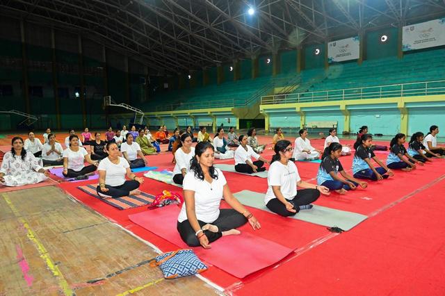 Yoga session in a hall