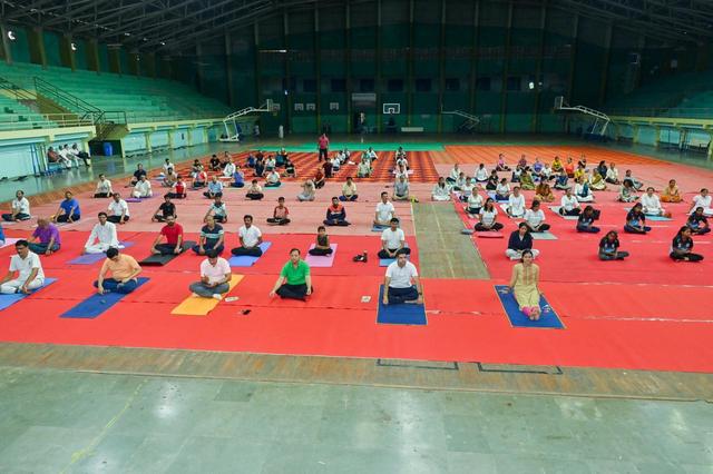 Group yoga session on mats